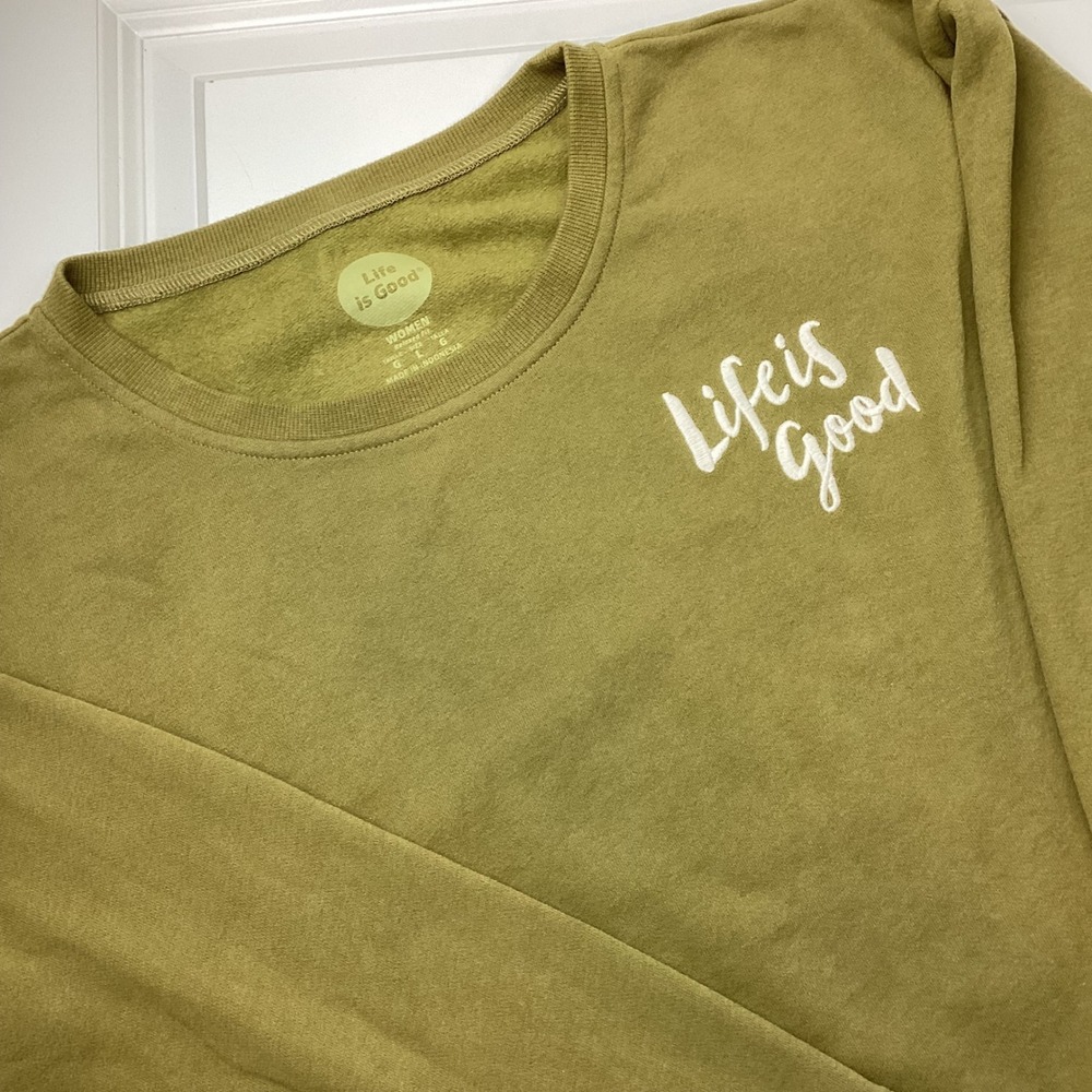 Life is Good Womens Relaxed Fit Sweatshirt Olive Green Crewneck Fleece L crop